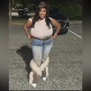 Brown Lace Up Faux Fur Bootcut Jeans - Medium Wash Flare Plus Jeans with Fringe